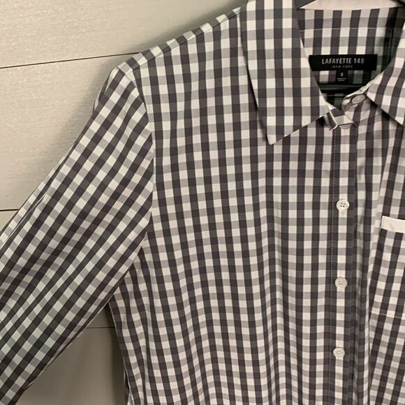 Lfayette 148 grey and white tee button down plaid checkered Womans dress shirt S - Picture 5 of 9